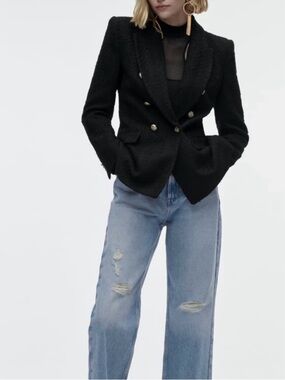 ZARA Bouclé Double Breasted Blazer Black Gold Buttons Women’s M